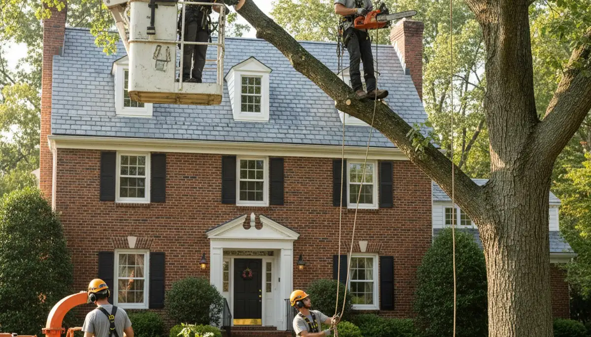 Tree service crew trimming trees in Richmond, VA for safe, professional property maintenance